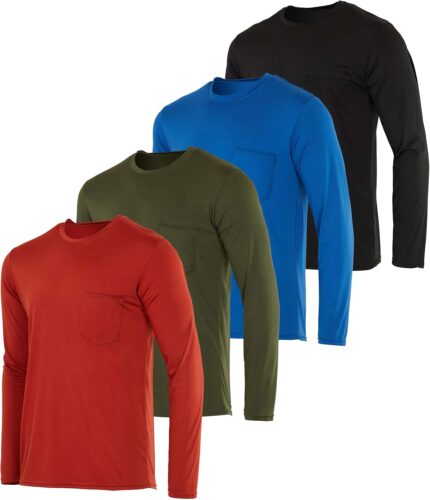 Real Essentials 4 Pack: Men's Dry-Fit Active Athletic Long Sleeve Pocket Crew T-Shirt Outdoors UPF 50 (S-5XLT)